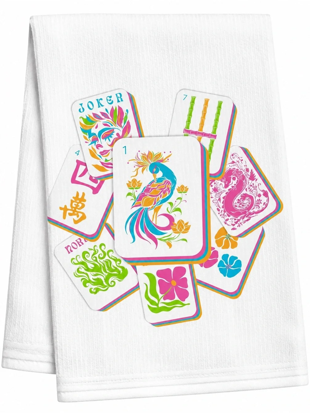 Colorful Mahjong Tile Tea Towel with Bird Motif